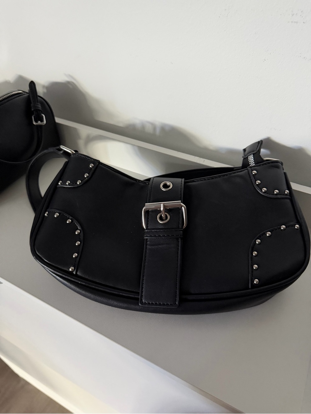 Black Studded Shoulder Bag with Buckle - Picture 1 of 11